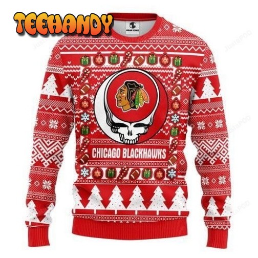 Nhl Chicago Blackhawks Grateful Dead Ugly Christmas Sweater, Ugly Sweater