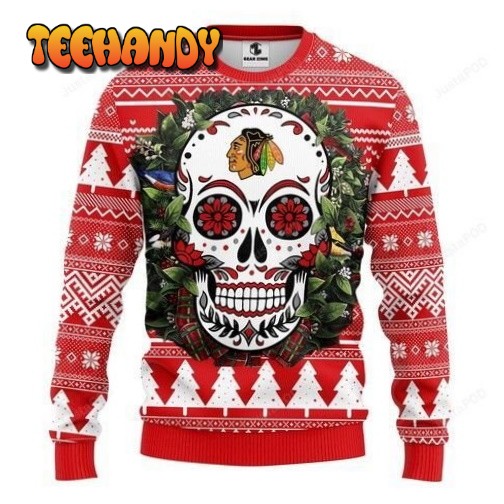 Nhl Chicago Blackhawks Skull Flower Ugly Christmas Sweater, Ugly Sweater