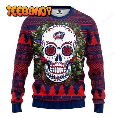 Nhl Columbus Blue Jackets Skull Flower Ugly Christmas Sweater, Ugly Sweater