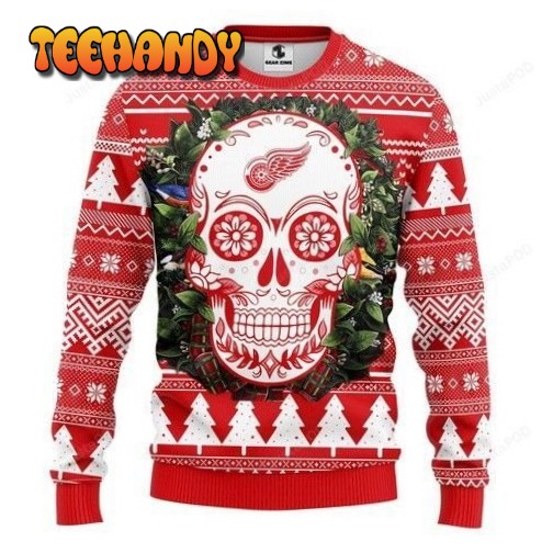 Nhl Detroit Red Wings Skull Flower Ugly Christmas Sweater, Ugly Sweater