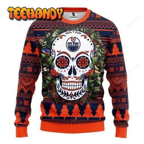 Nhl Edmonton Oilers Skull Flower Ugly Christmas Sweater, Ugly Sweater