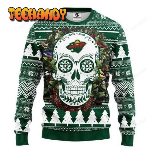 Nhl Minnesota Wild Skull Flower Ugly Christmas Sweater, Ugly Sweater