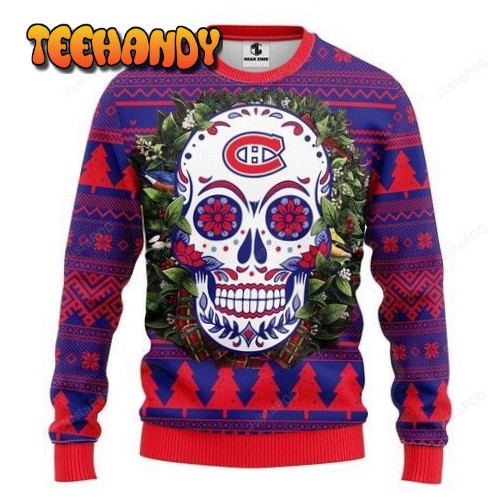 Nhl Montreal Canadiens Skull Flower Ugly Christmas Sweater, Ugly Sweater