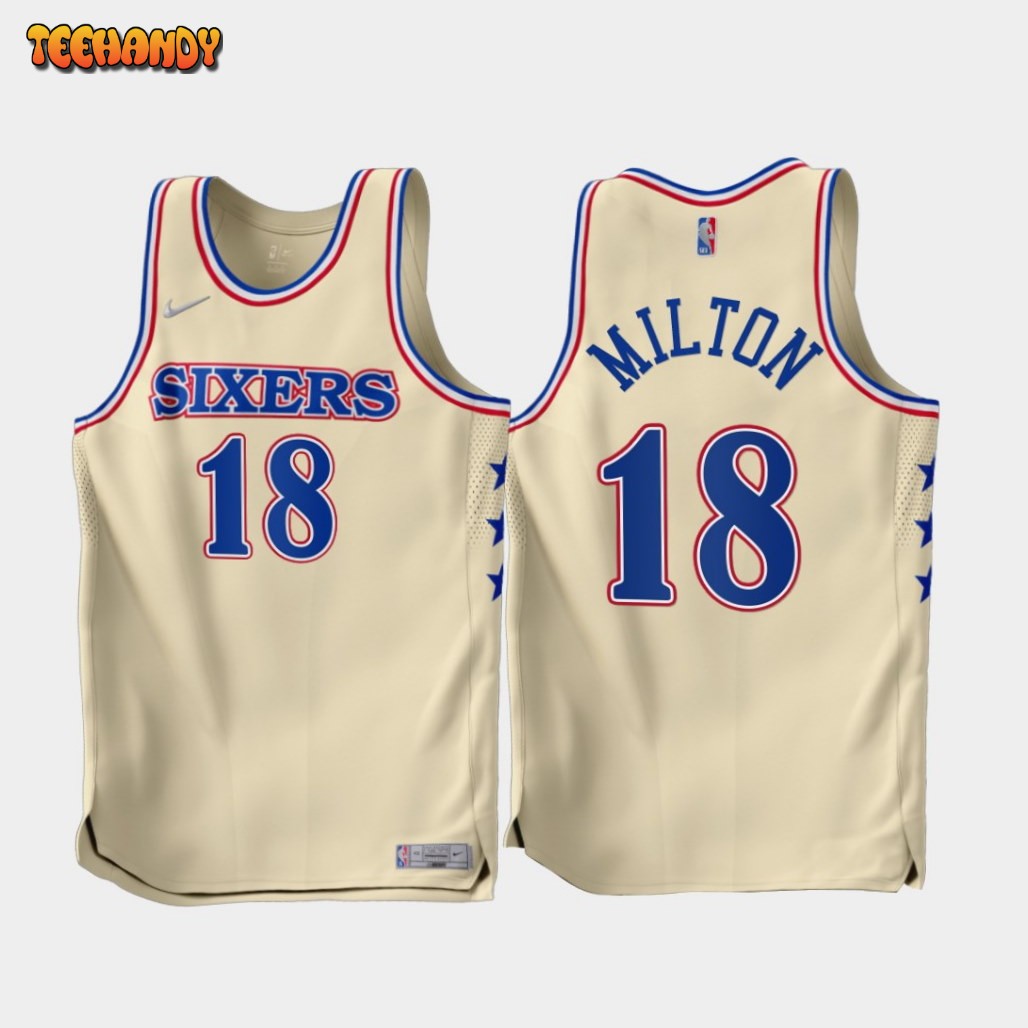 Philadelphia 76ers Shake Milton 2022-23 Cream Earned Edition Jersey