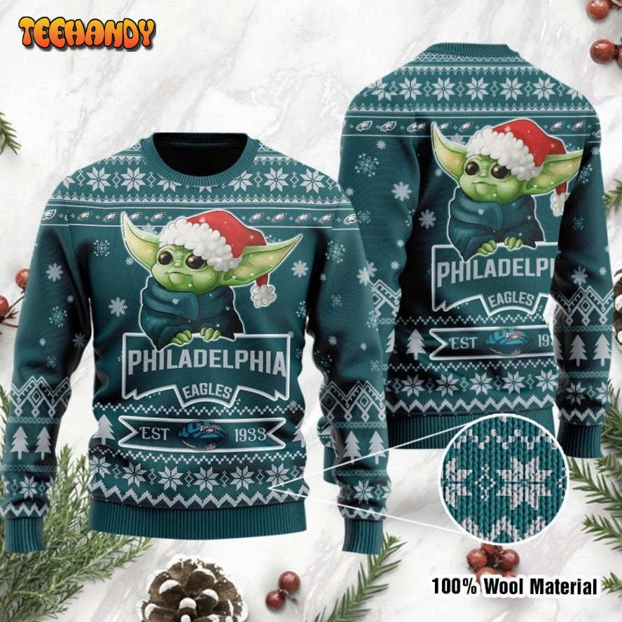 Philadelphia Eagles Cute Baby Yoda Grogu Holiday Party Ugly Christmas Sweater