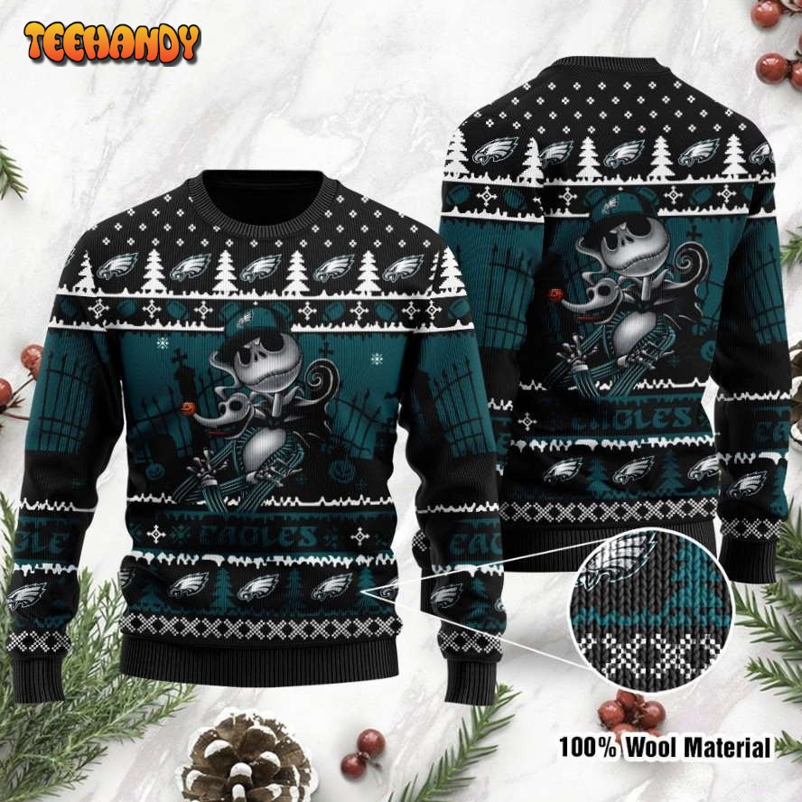 Philadelphia Eagles Jack Skellington Halloween Holiday Ugly Christmas Sweater