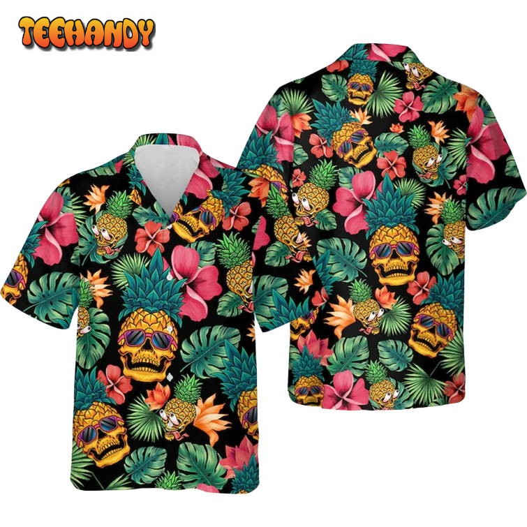 Pineapple Skull Hawaiian Shirt, Tropical Skull Beach Short Sleeve Shirts For Men