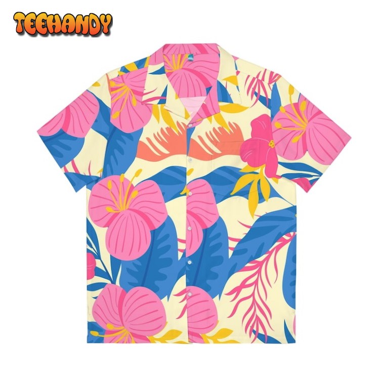 Pink Flower Hawaiian Shirt Blue Leaf Floral Beach Shirt Men’s Hawaiian Shirt