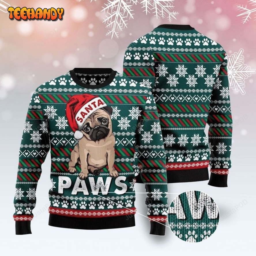 Pug Santa Paw Cute Ugly Christmas Sweater, All Over Print Sweatshirt