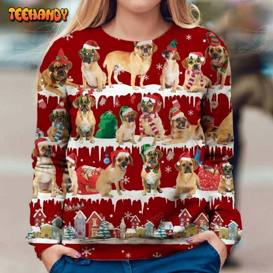 Puggle Ugly Christmas Sweater, All Over Print Sweatshirt, Ugly Sweater