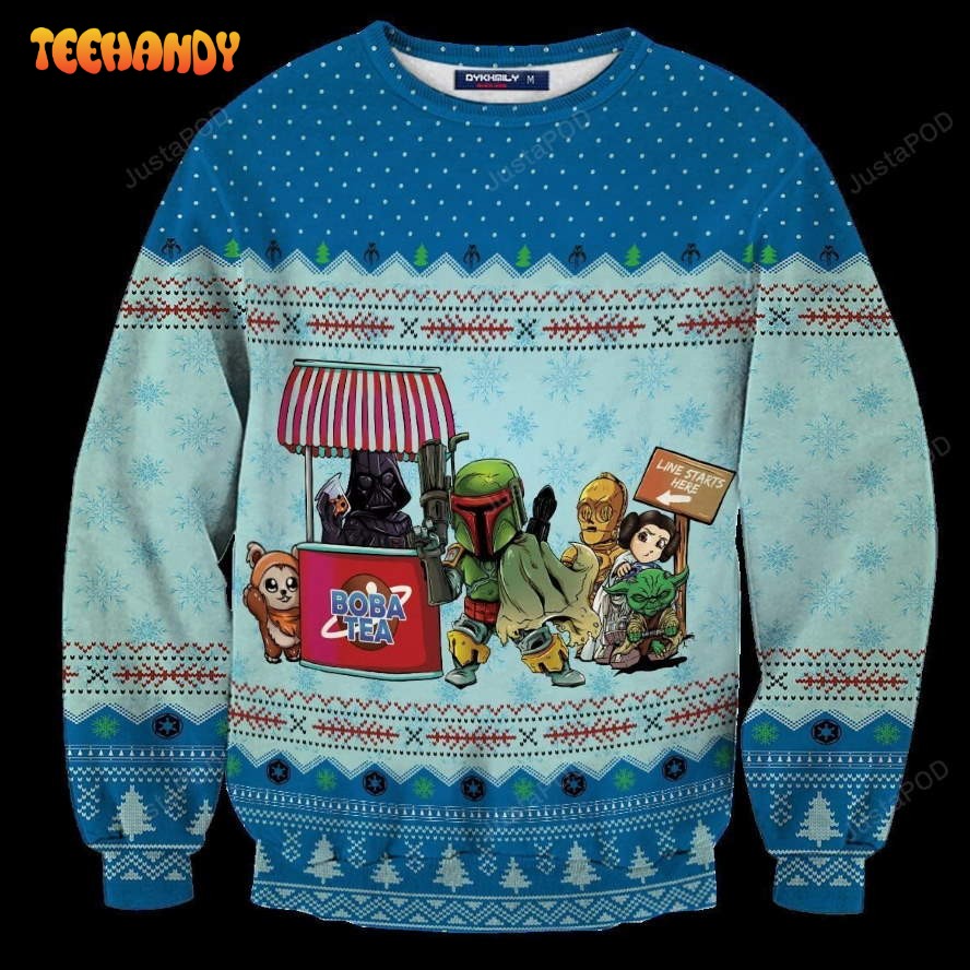 Queue For Boba Tea Ugly Christmas Sweater, All Over Print Sweatshirt