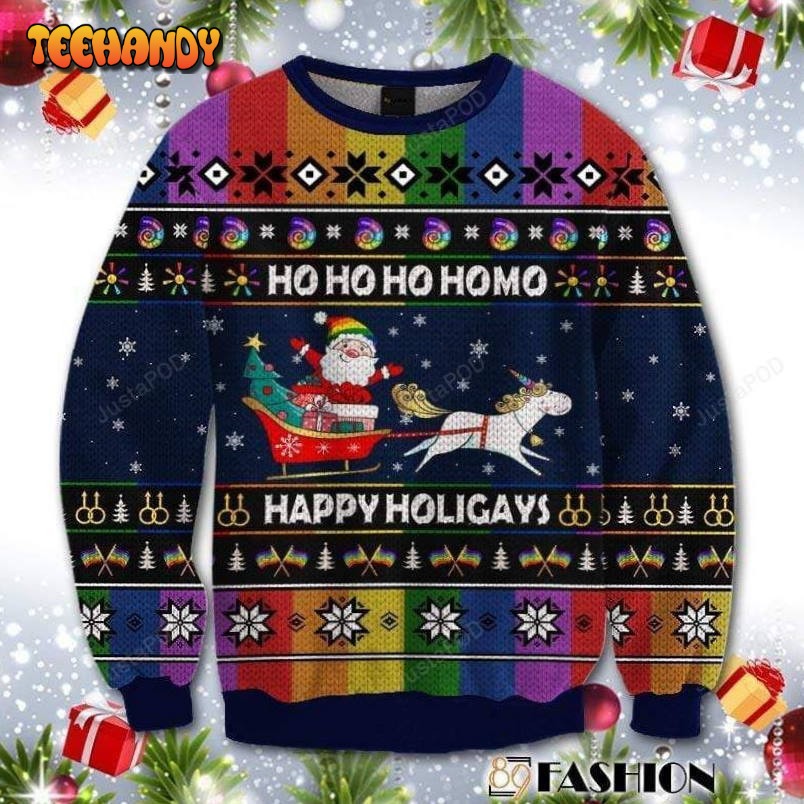 Rainbow Unicorn Hohoho Homo Happy Holigays Ugly Christmas Sweater