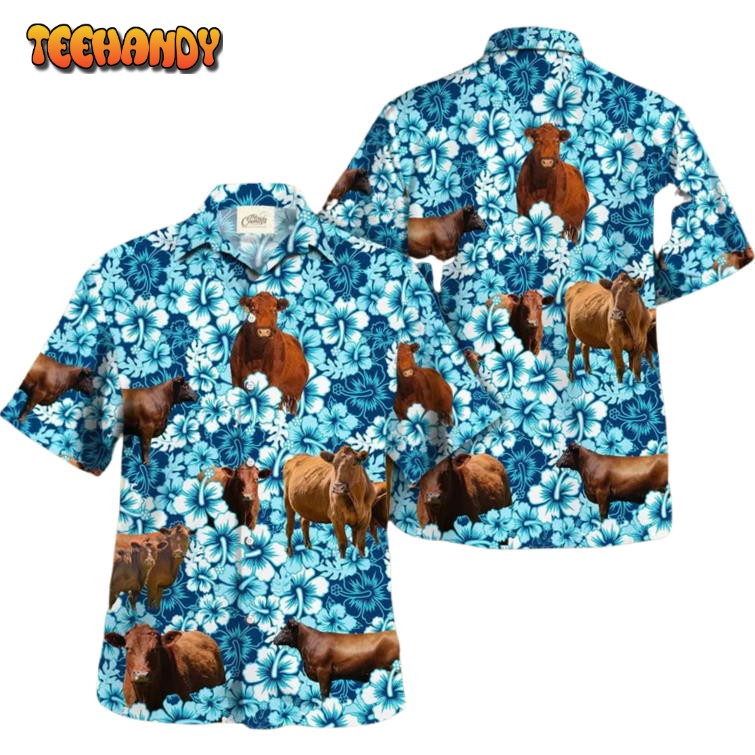 Red Angus Blue Hibiscus Flowers Hawaiian Shirt Summer Hawaii Aloha Beach Shirt