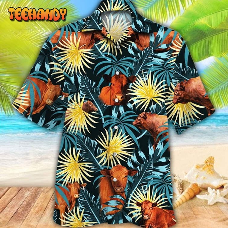 Red Angus Cattle Blue And Yellow Tropical Plants Hawaiian Shirt