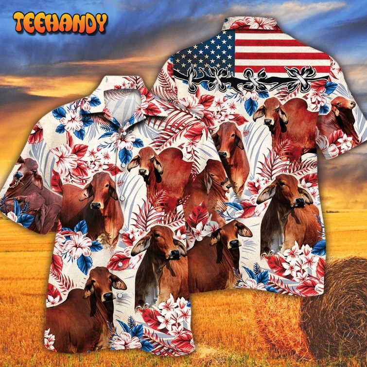 Red Brahman Cattle Lover American Flag Pattern Hawaiian Shirt For Adults