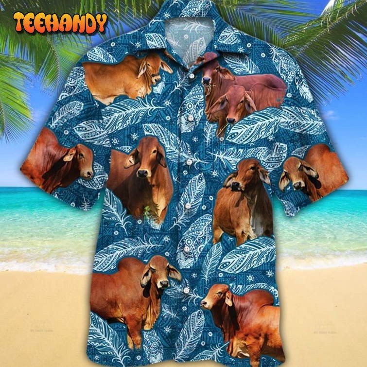 Red Brahman Cattle Lover Blue Feather Hawaiian Shirt, Cow Bull Hawaii Aloha