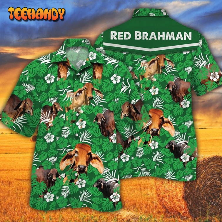 Red Brahman Cattle Lover Green Floral Pattern Hawaiian Shirt For Men Women