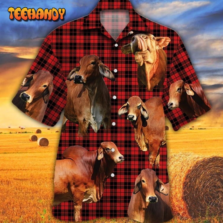 Red Brahman Cattle Lover Red Tartan Pattern Hawaiian Shirt For Adults