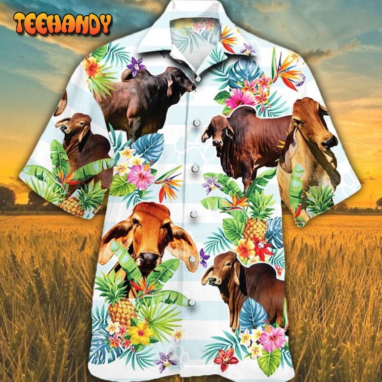 Red Brahman Cattle Lover Tropical Flower Hawaiian Shirts For Cow Lovers