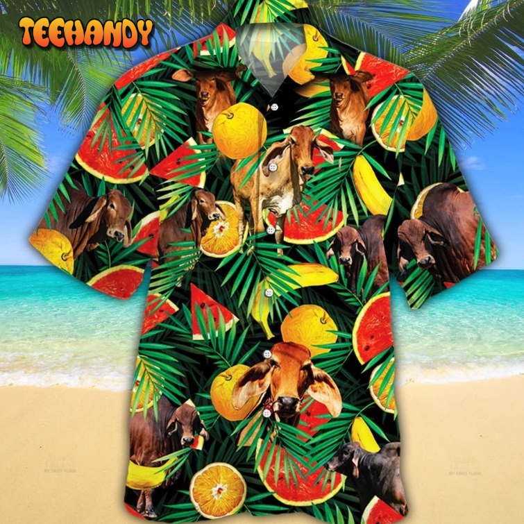 Red Brahman Cattle Lover Tropical Fruits Hawaiian Shirt For Men And Women