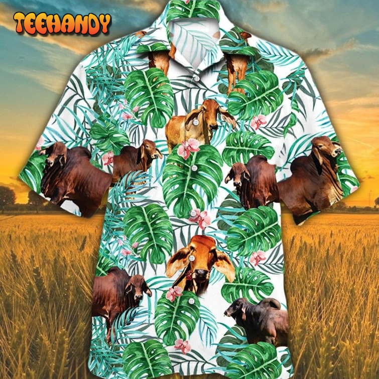 Red Brahman Cattle Lover Tropical Plants Hawaiian Shirts For Cow Lovers