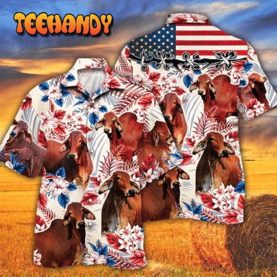 Red Brahman Cattle Lovers American Flag Hawaiian Shirt, Unisex Print Aloha