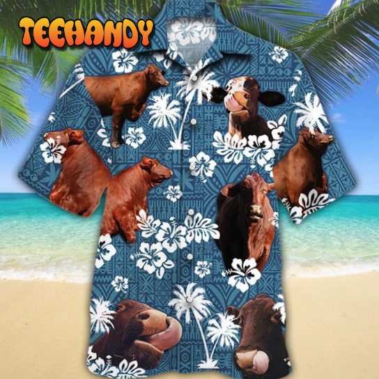 Santa Gertrudis Cattle Lovers Blue Tribal Pattern Hawaiian Shirt, Unisex