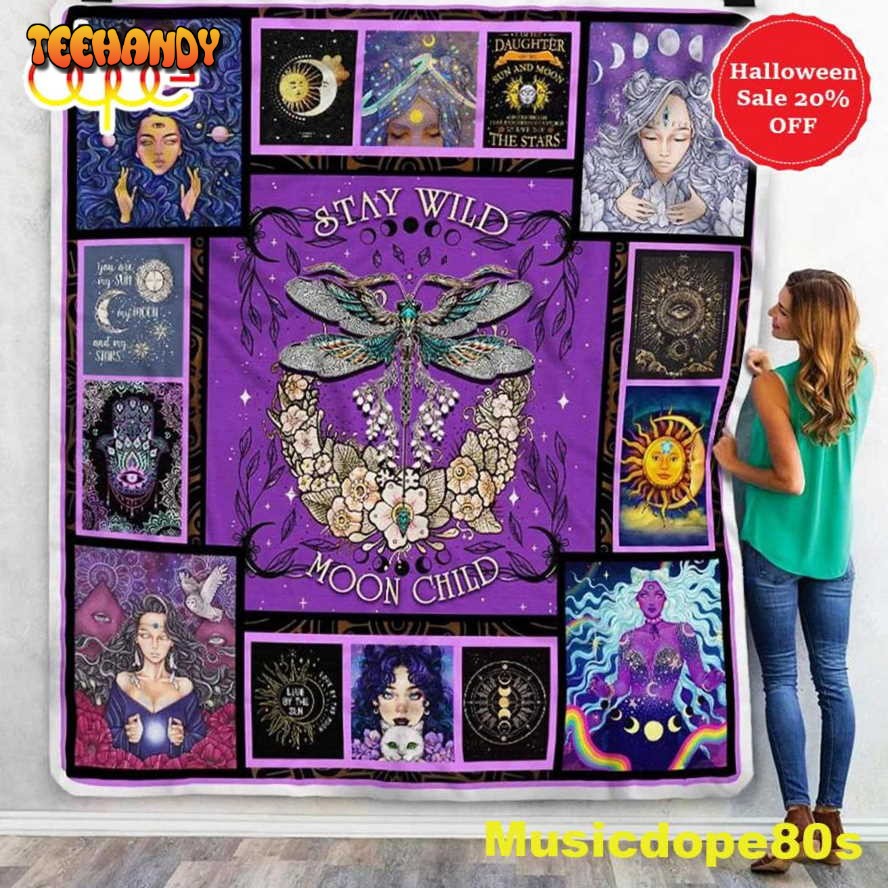 Stay Wild Moon Child Dragonfly Halloween Sofa Fleece Throw Blanket