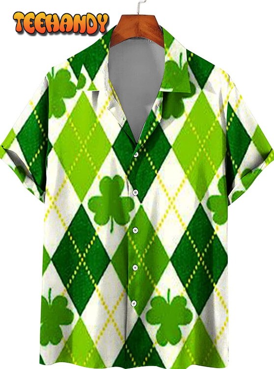 St.Patricks Day Hawaiian Bowling Shirts for Men Short Sleeve Shamrock Printed