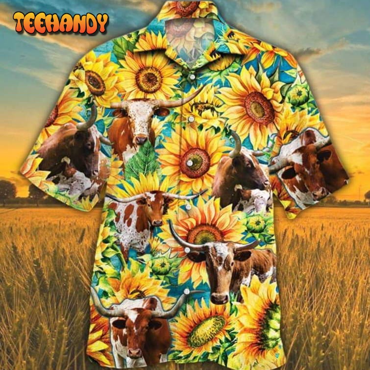 Sunflower Tx Longhorn Cattle Hawaiian Shirt