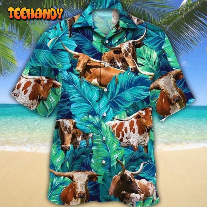 Texas Longhorn Hawaii Shirt Cattle Green, Unisex Print Aloha Short Sleeve Shirt