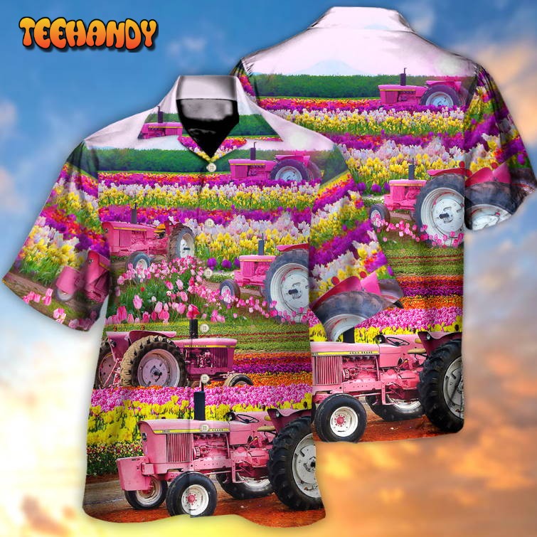 Tractor In Field Tulip Rural Landscape Majestically Hawaiian Shirt