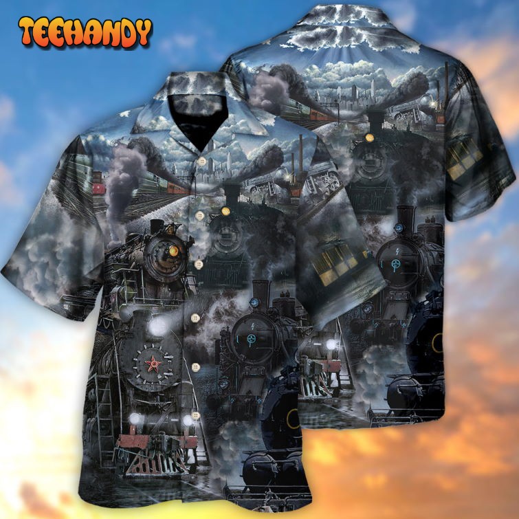 Train Emerging From A Cloud Of Steam Middle Night Hawaiian Shirt