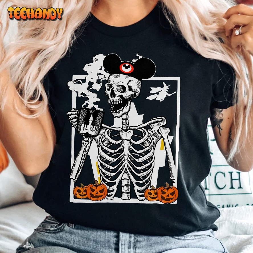 Vintage Skeleton Drink Coffee Shirt, Disney Mickey Ears Skull Halloween 2023 Shirt