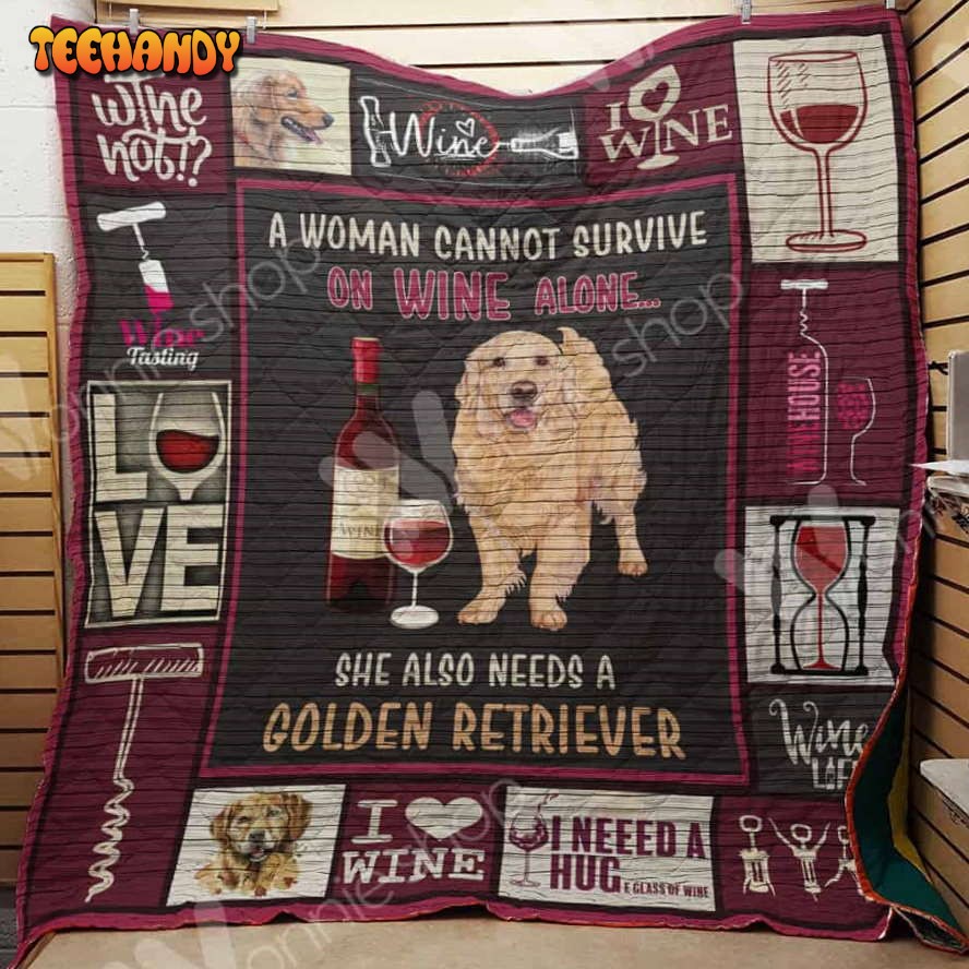 Wine And Golden Retriever 3D Customized Quilt Blanket