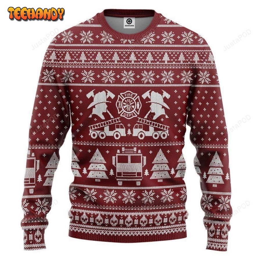 3D FIRE DEPT Firefighter Ugly Christmas Sweater Red Sweatshirt, Ugly Sweater