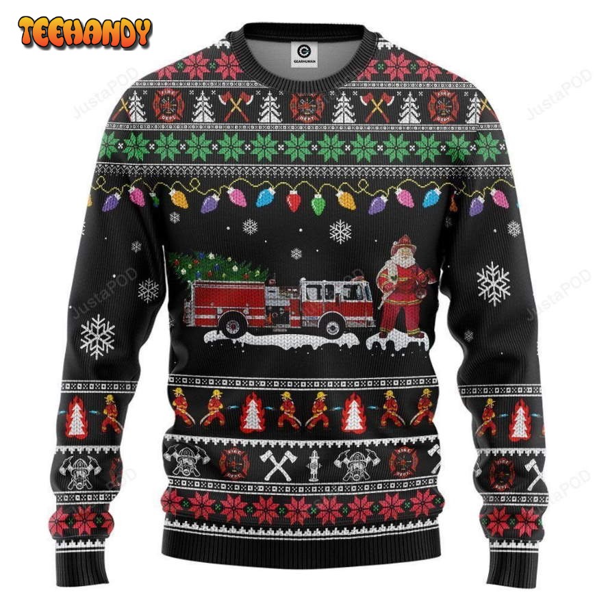 3D Firefighter Santa Ugly Sweater, Ugly Sweater, Christmas Sweaters