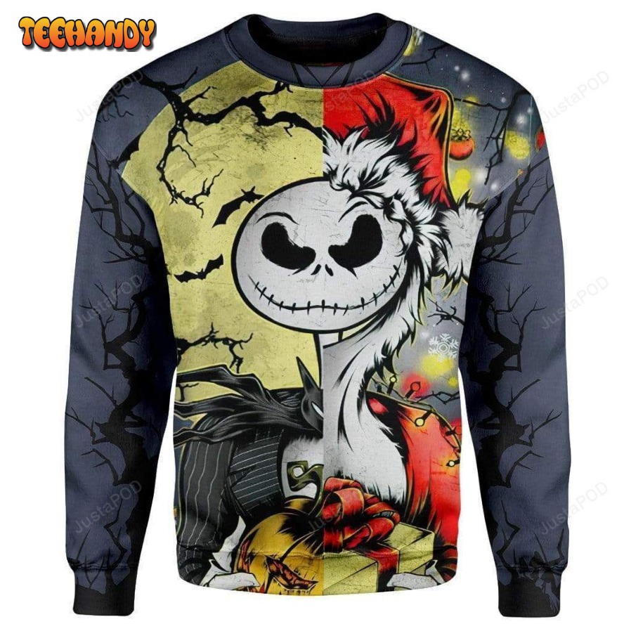 3D Jack Skellington Halloween And Grinch Christmas Sweatshirt