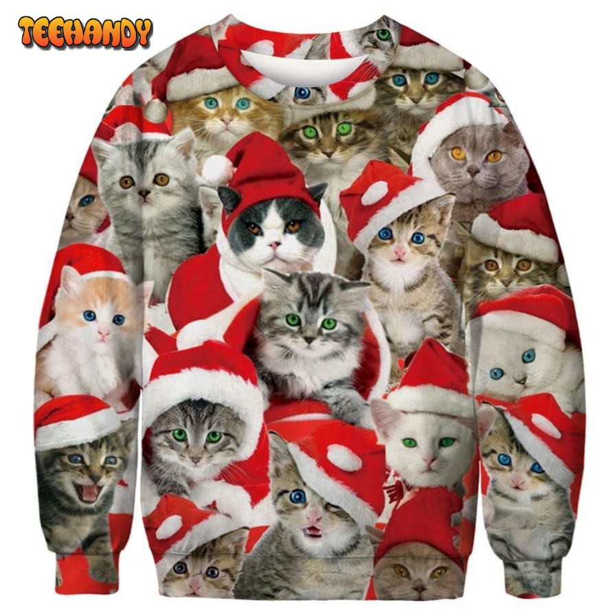 Adorable Cat With Red Hat 3D All Over Print Ugly Christmas Sweater