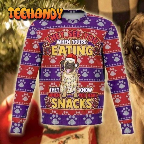 Adorable Pug Snacks Ugly Christmas Sweater, All Over Print Sweatshirt