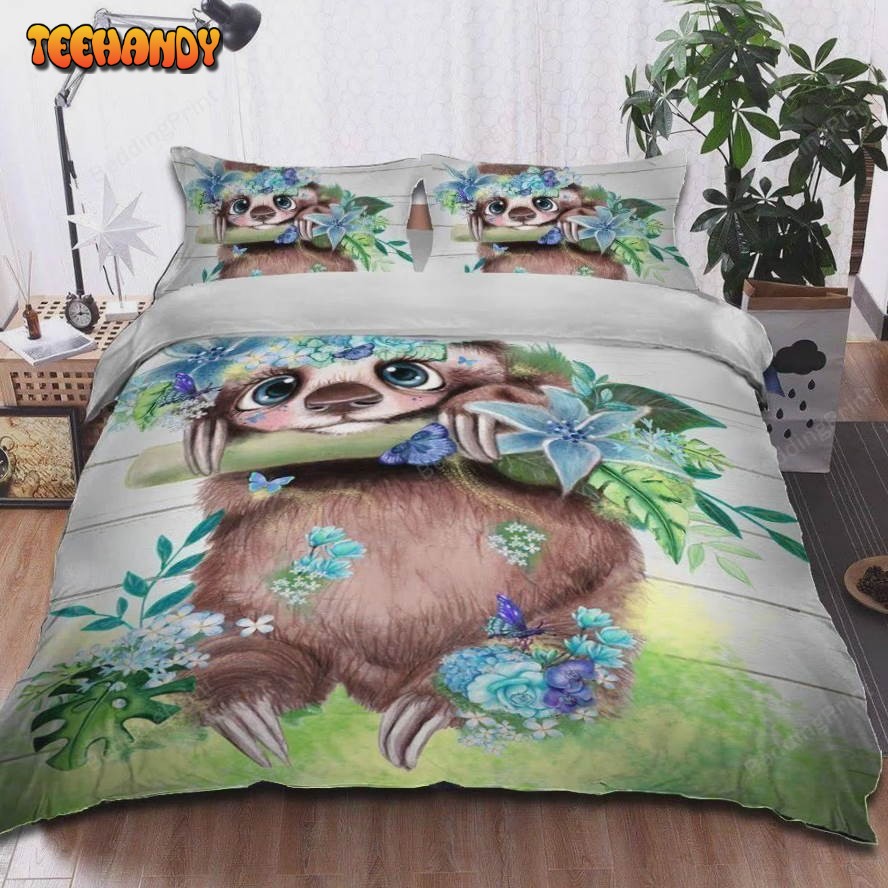 Adorable Sloth With Flowers Bed Sheets Duvet Cover Bedding Sets