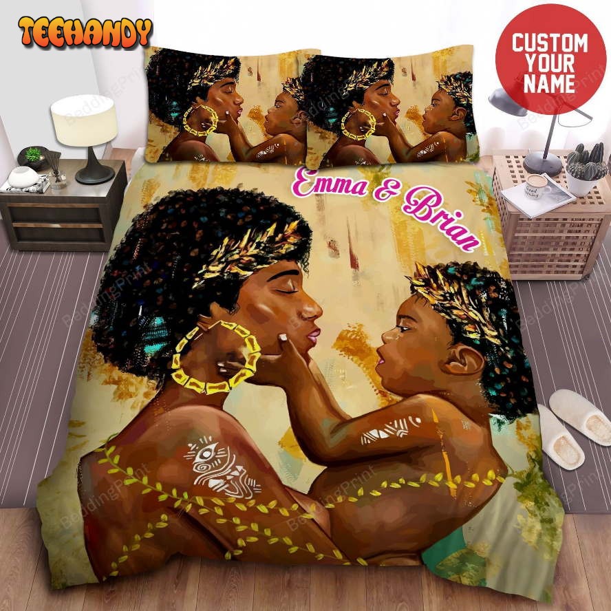 Africa American Woman Black Mom And Son Custom Name Bedding Set