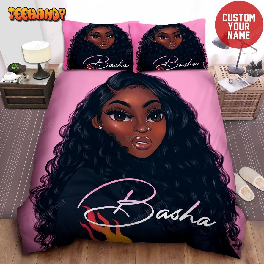 African American Black Girl Long Curly Hair Pink Custom Name Bedding Set