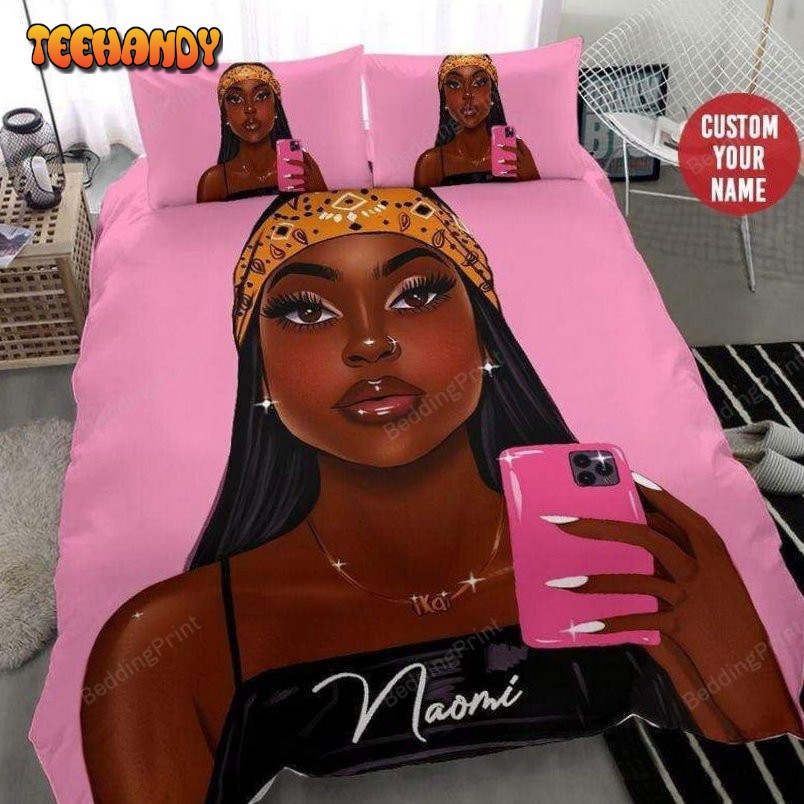 African American Black Girl Pink Phone Bedding Custom Name Bedding Set