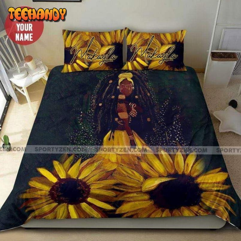 African American Black Girl Sunflower Dress Custom Name Bedding Set