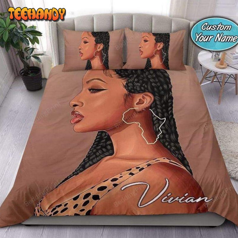 African Cheetah Black Girl Custom Name Duvet Cover Bedding Set