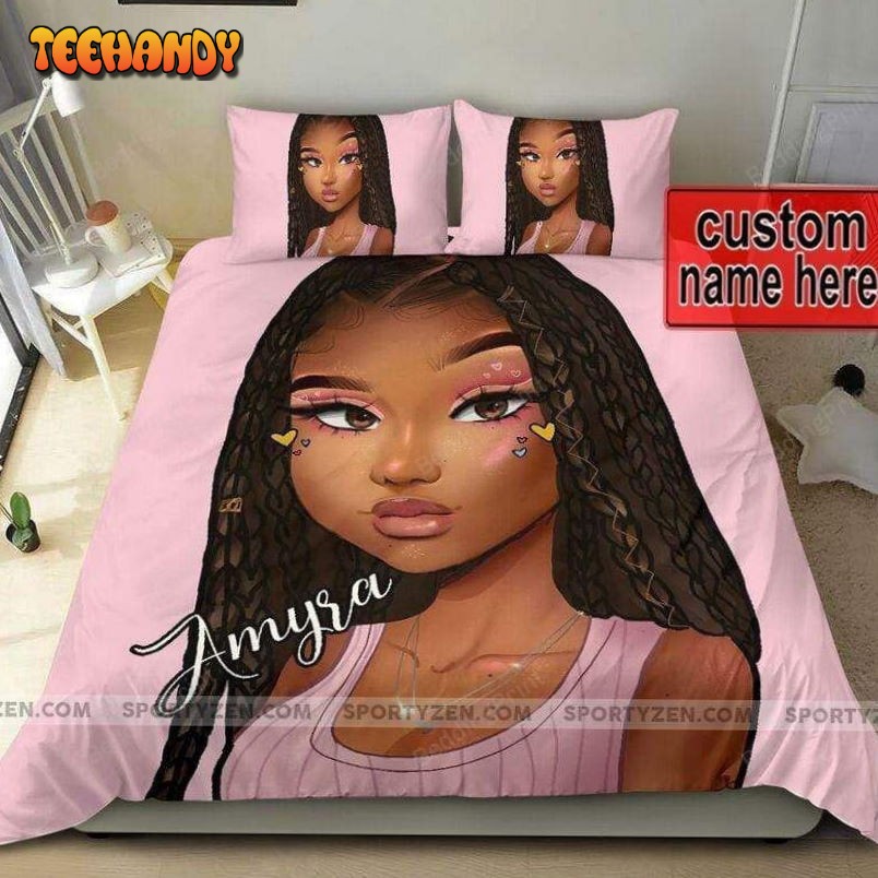 African Cutie Black Teen Girl Pink Custom Name Duvet Cover Bedding Set