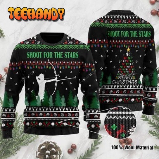 Archer Using Compound Bow With Sayings Shoot For The Stars Ugly Sweater