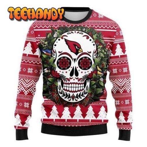 Arizona Cardinals Skull Flower Ugly Christmas Sweater, Ugly Sweater