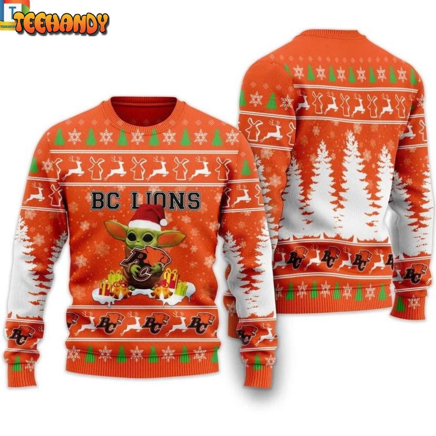 Baby yoda BC Lions christmas ugly sweater, Ugly Sweater, Christmas Sweaters